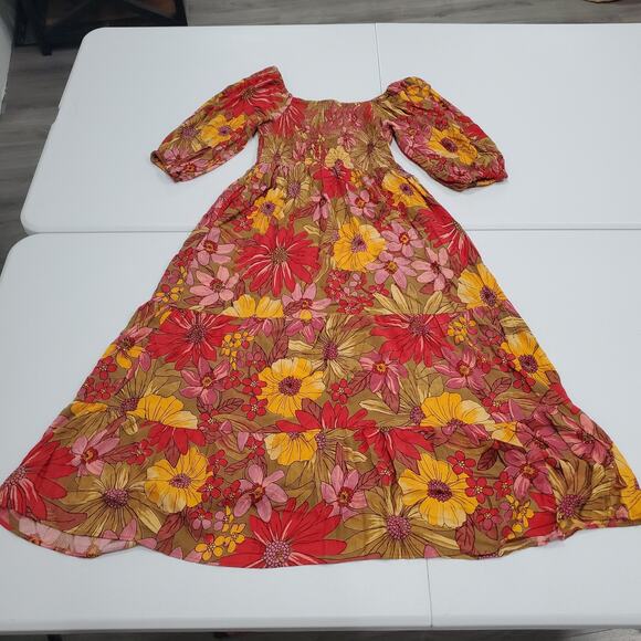 Angie Dress Womens Small Floral Boho Peasant Midi Flowy Puff Sleeve Red Yellow - Picture 1 of 7